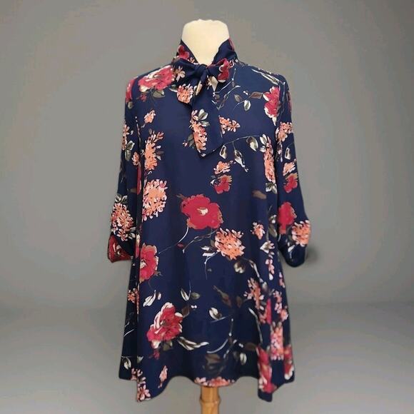 Lara Dress Size Large Bow Tie Neck Sheath Navy Floral Roll Tab Sleeve - Picture 1 of 10